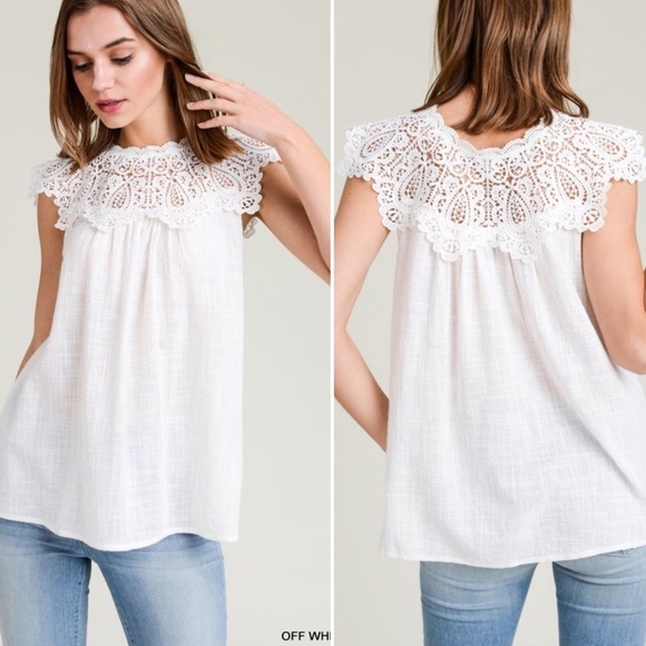 Four Hearts Boutique Tops - Linen top Ivory with lace
